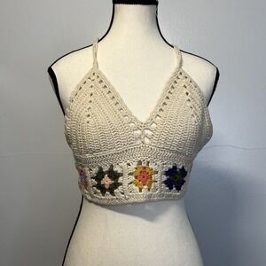 WoWo Crochet Granny Square Crop Halter Crop Top Swimsuit Cover‎ Size S Bohemian